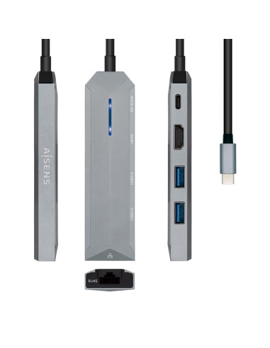 DOCK AISEN USB-C 5 EN 1 USB-C A 1XHDMI 1XRJ45 2XUSB 1XPD GRIS15CM ASUC-5P003-GR