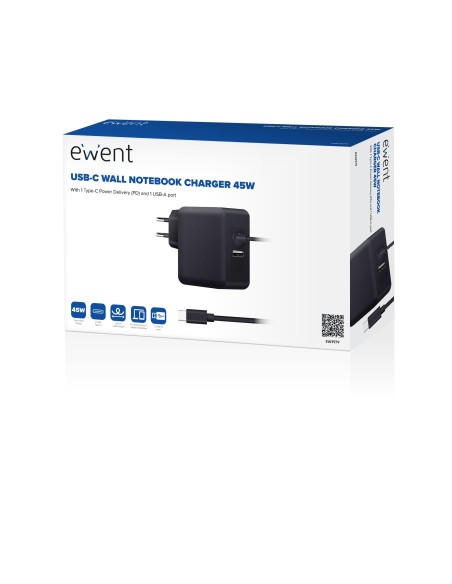 EWENT Cargador USB-C PD 45W +Puerto usb-A