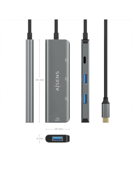 HUB USB 3.2 GEN2 10G USB-C USB-C-M-USB-C-H-3XUSB-A-H GRIS 15CM AISENS A109-0764