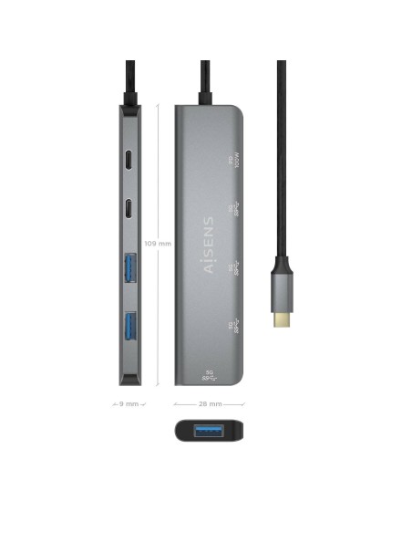 HUB AISENS USB 3.2 GEN1 USB-C M-USB-C PD100W H-USB-C H-3XUSB-A H