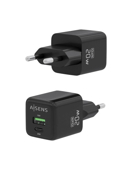 CARGADOR GAN 20W 1XUSB-C PD3.0 QC4.0 1XUSB-A QC3.0 NEGRO AISENS ASCH-20W2P011-BK