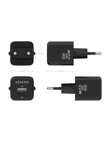 CARGADOR GAN 20W 1XUSB-C PD3.0 QC4.0 1XUSB-A QC3.0 NEGRO AISENS ASCH-20W2P011-BK
