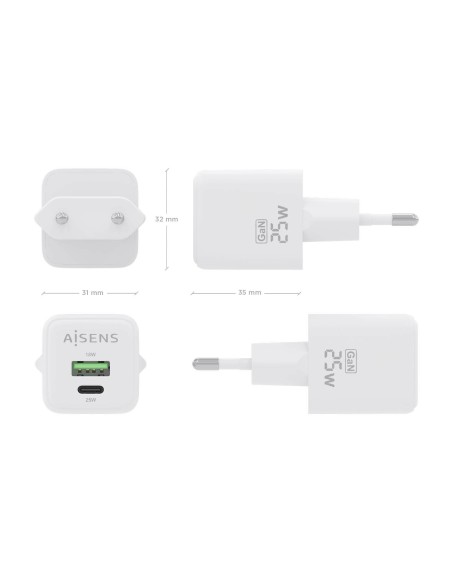 CARGADOR GAN 25W 1XUSB-C PD3.0 QC4.0 1XUSB-A QC3.0 BLANCO AISENS ASCH-25W2P014-W