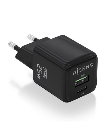 CARGADOR GAN 25W 1XUSB-C PD3.0 QC4.0 1XUSB-A QC3.0 NEGRO AISENS ASCH-25W2P015-BK