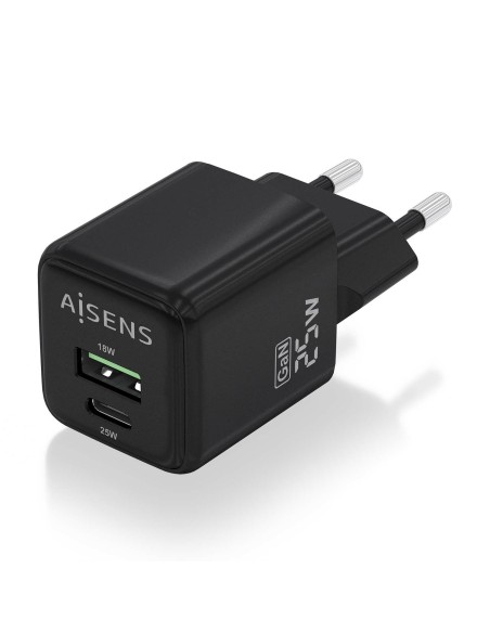 CARGADOR GAN 25W 1XUSB-C PD3.0 QC4.0 1XUSB-A QC3.0 NEGRO AISENS ASCH-25W2P015-BK