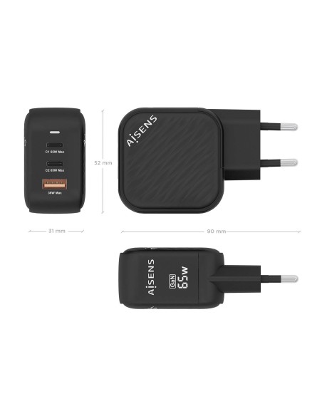 CARGADOR AISENS GAN 65W 2XUSB-C PD3.0 QC4.0 1XUSB-A QC3.0 NEGRO