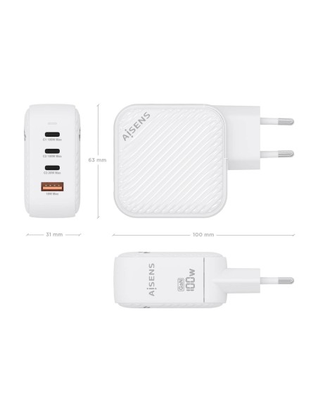 CARGADOR AISENS GAN 100W 3XUSB-C PD3.0 QC4.0 1XUSB-A QC3.0 BLANCO