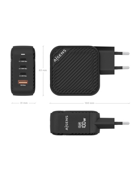CARGADOR AISENS GAN 100W 3XUSB-C PD3.0 QC4.0 1XUSB-A QC3.0 NEGRO