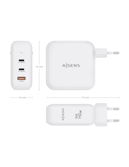 CARGADOR AISENS GAN 140W 2XUSB-C PD3.1 QC4.0 1XUSB-A QC3.0 BLANCO