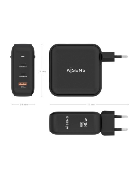 CARGADOR AISENS GAN 140W 2XUSB-C PD3.1 QC4.0 1XUSB-A QC3.0 NEGRO