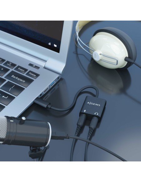 CONVERSOR USB-C A AUDIO 48KHZ USB-C-M-2XJACK 3.5-H NEGRO 10CM AISENS A109-0767