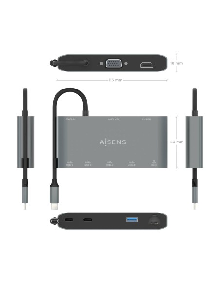 DOCK 8 EN 1 USB-C A HDMI-VGA-RJ45-2USBA-2USBC-USBC PD 20CM AISENS ASUC-8P010-GR