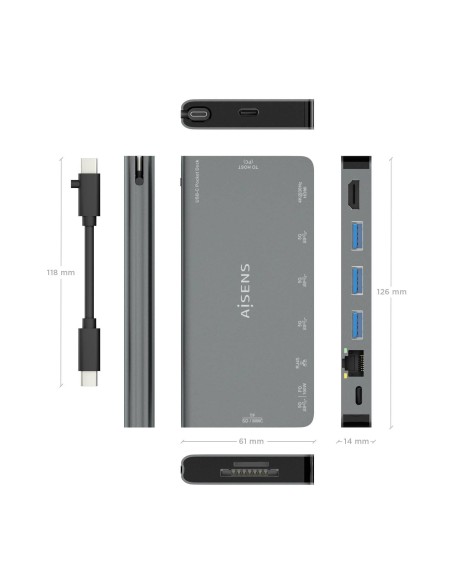 DOCK 8 EN 1 USB-C A HDMI-RJ45-3USBA-USBC-SD-MICROSD 10CM AISENS ASUC-8P015-GR