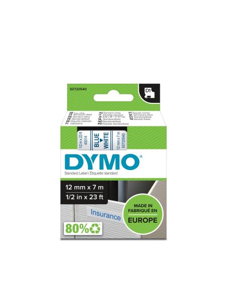 Dymo D1 Etiquetas estandar azul sobre blanco 12mm x 7m poliester