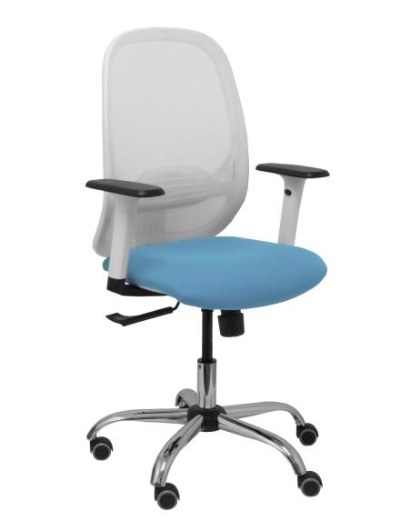 Piqueras y Crespo Silla Cilanco blanca malla blanca asiento bali azul cielo brazo regulable base cromada ruedas de parq ué
