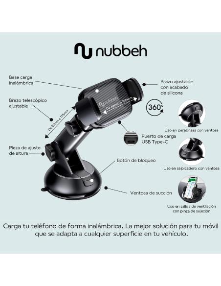Nubbeh Atlas Soporte Móvil Coche con Carga Inalámbrica QI 15W 3 en 1 Negro