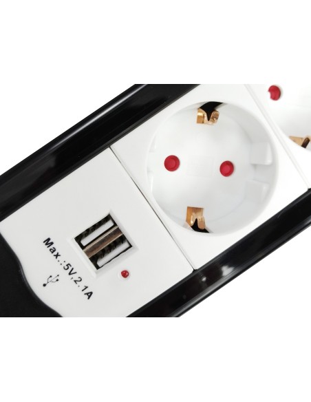 REGLETA EQUIP CON 4 TOMAS SCHUKO CABLE DE RED DE 1.5 METROS + 2 PUERTOS USB Y BOTON DE APAGADO ENCENDIDO NEGRO 245553