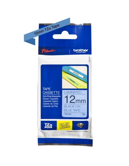 CINTA LAMINADA BROTHER TEXTO NEGRO SOBRE FONDO AZUL ANCHO 12MM LONGITUD 8M COMPATIBLE SEGUN ESPECIFICACIONES TZE531