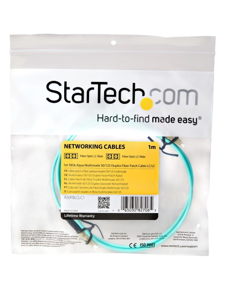 StarTech.com Cable de Fibra Í?ptica Patch de 10Gb Multimodo 50 125 Dúplex LSZH LC a LC de 1m - Aqua
