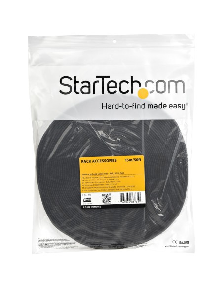 StarTech.com Gestionador de Cableado con Gancho y Bucle - Tiras de Gestión de Cables Autoadherentes - Bobina de 15.2m Negro
