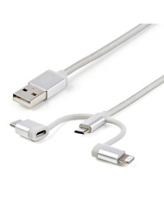 StarTech.com Cable Trenzado USB a Lightning USB-C y Micro USB - Cable Cargador para Teléfono Móvil iPhone iPad Tablet - 1m Plata
