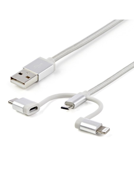StarTech.com Cable Trenzado USB a Lightning USB-C y Micro USB - Cable Cargador para Teléfono Móvil iPhone iPad Tablet - 1m Plata