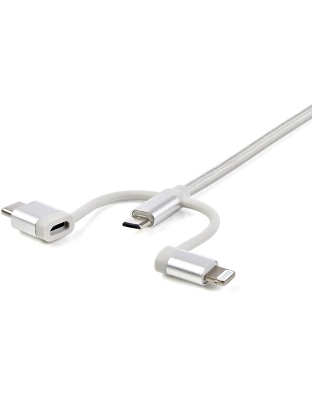 StarTech.com Cable Trenzado USB a Lightning USB-C y Micro USB - Cable Cargador para Teléfono Móvil iPhone iPad Tablet - 1m Plata