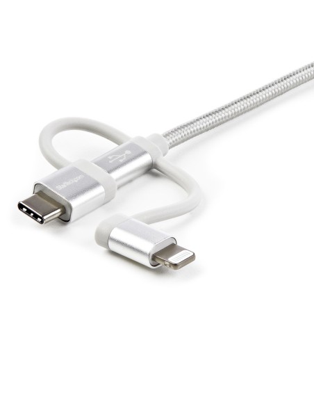 StarTech.com Cable Trenzado USB a Lightning USB-C y Micro USB - Cable Cargador para Teléfono Móvil iPhone iPad Tablet - 1m Plata