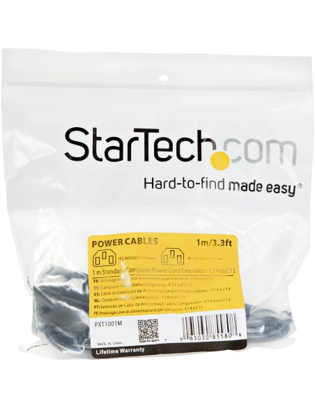 StarTech.com PXT1001M Extensor Alargador de 1m para Cable de Alimentación de Ordenador - C14 a C13 - Negro
