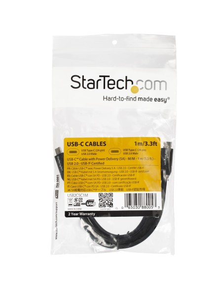 StarTech.com Cable de 1m USB-C a USB-C Macho a Macho con capacidad para Entrega de Alimentación de 5A - Cable de Carga USB-C - N