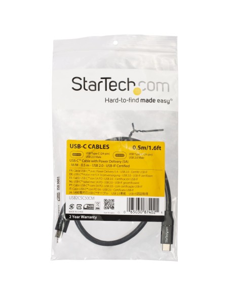 StarTech.com Cable de 50cm USB-C a USB-C Macho a Macho con capacidad para Entrega de Alimentación de 5A - Cable de Carga USBC - 