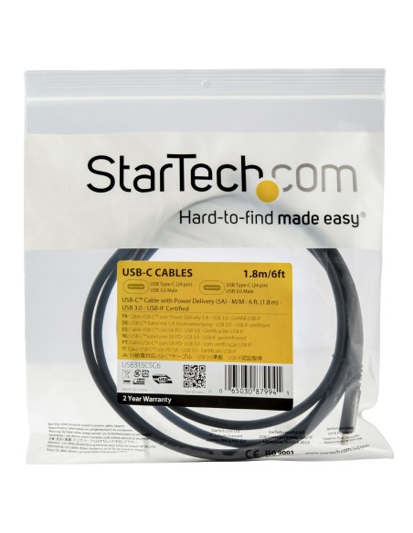 StarTech.com Cable de 1.8m USB-C a USB-C con capacidad para Entrega de Alimentación de 5A - macho a macho - negro