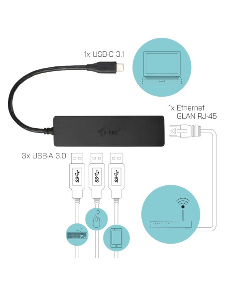 Adaptador i-tec Advance Usb-C Slim Passive HUB 3 puertos + Gigabit Ethernet Adapter negro C31GL3SLIM