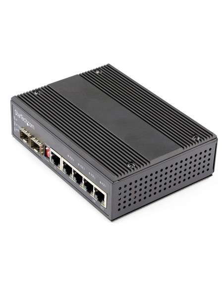 Switch Conmutador Industrial StarTech.com ethernet gigabit 6 Puertos 4x RJ45 PoE 2 Ranuras SFP PoE+ de 30W 12-48VDC DIN negro IE