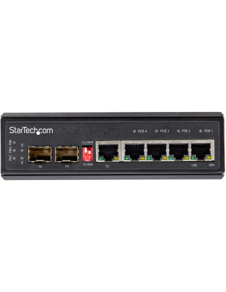 Switch Conmutador Industrial StarTech.com ethernet gigabit 6 Puertos 4x RJ45 PoE 2 Ranuras SFP PoE+ de 30W 12-48VDC DIN negro IE