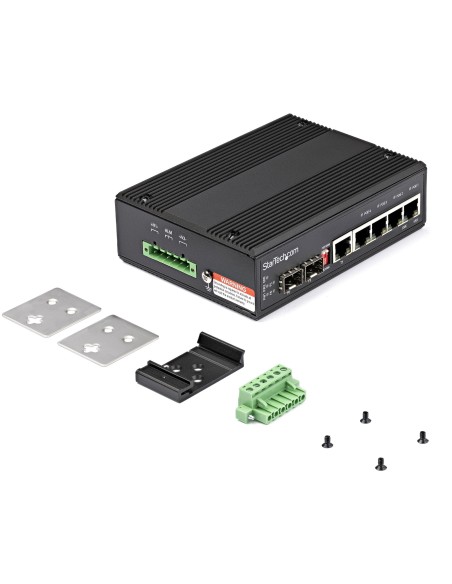 Switch Conmutador Industrial StarTech.com ethernet gigabit 6 Puertos 4x RJ45 PoE 2 Ranuras SFP PoE+ de 30W 12-48VDC DIN negro IE
