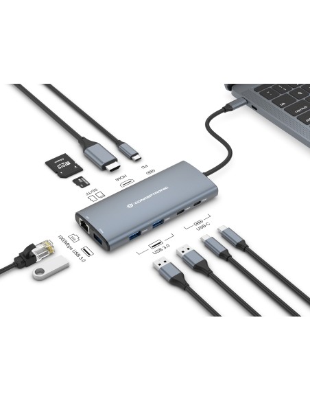 Hub conceptronic interfaz usb 3.2 gen 1 (3.1 Gen 1) type-C hdmi rj45 lector tarjeta 5000 mbit s negro plata DONN06G