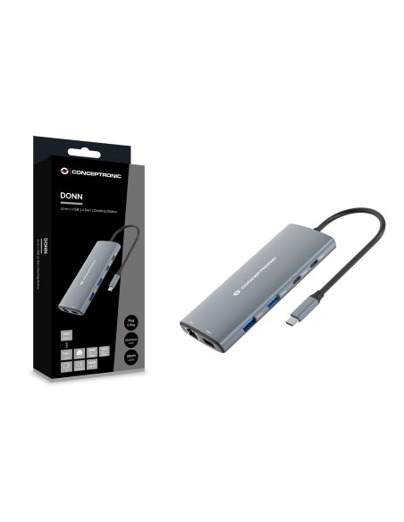 Hub conceptronic interfaz usb 3.2 gen 1 (3.1 Gen 1) type-C hdmi rj45 lector tarjeta 5000 mbit s negro plata DONN06G