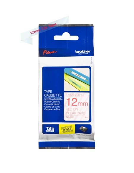 Brother Cinta laminada 12mm rojo sobre transparencia tze