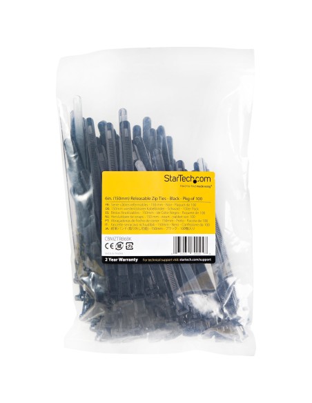 StarTech.com Bridas reutilizables de 15cm para cables - 7 mm de ancho, 35 mm de diámetro, soportan 22 kg de tensión, de nylon, p