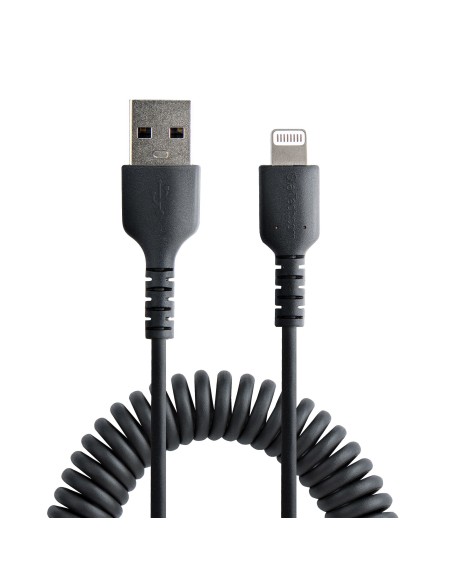 StarTech.com Cable 50cm USB a Lightning con Certificación MFi, Cable Rizado de Carga para iPhone, Negro, con Recubrimiento de TP
