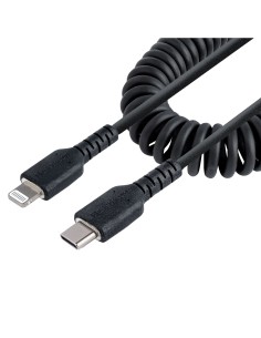 StarTech.com Cable de 50cm USB-C a Lightning MFi, Cable USB Tipo C Rizado de Carga Negro para iPhone, con Recubrimiento de TPE, 