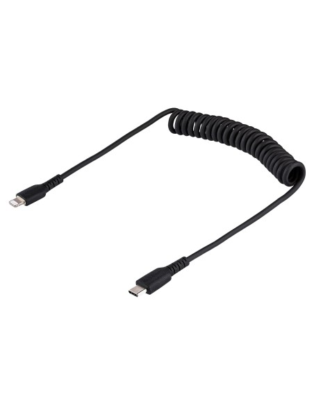 StarTech.com Cable de 50cm USB-C a Lightning MFi, Cable USB Tipo C Rizado de Carga Negro para iPhone, con Recubrimiento de TPE, 