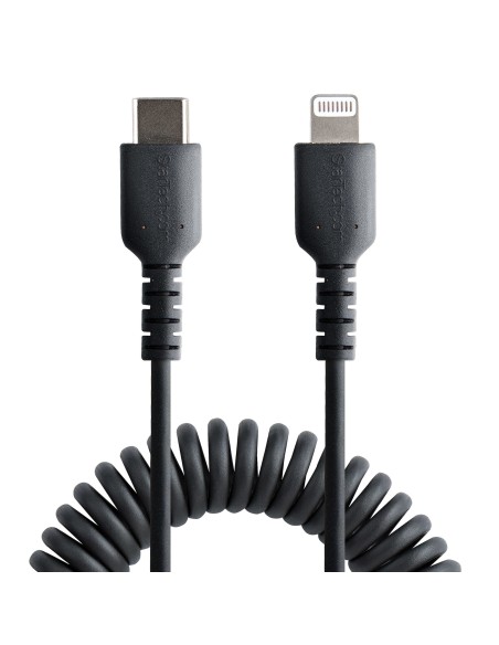 StarTech.com Cable de 50cm USB-C a Lightning MFi, Cable USB Tipo C Rizado de Carga Negro para iPhone, con Recubrimiento de TPE, 