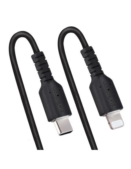 StarTech.com Cable de 50cm USB-C a Lightning MFi, Cable USB Tipo C Rizado de Carga Negro para iPhone, con Recubrimiento de TPE, 