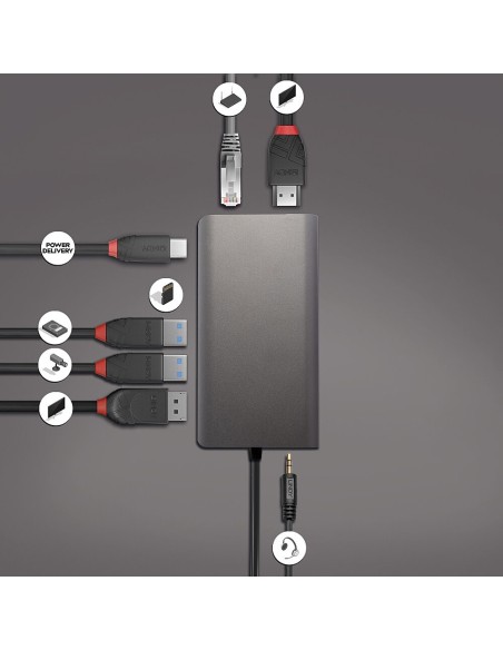 Lindy 43323 base para portátil y replicador de puertos Alámbrico USB 3.2 Gen 1 (3.1 Gen 1) Type-C Negro, Gris