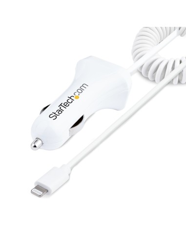 StarTech.com Cargador de Coche con Cable Rizado Lightning, Cable de 1m Rizado Lightning 12W Blanco, Cable Adaptador Cargador de 