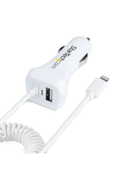 StarTech.com Cargador de Coche con Cable Rizado Lightning, Cable de 1m Rizado Lightning 12W Blanco, Cable Adaptador Cargador de 