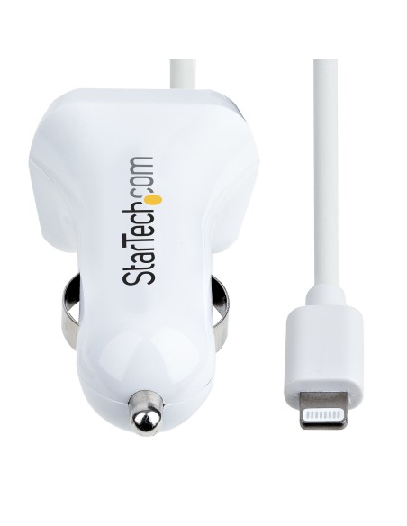 StarTech.com Cargador de Coche con Cable Rizado Lightning, Cable de 1m Rizado Lightning 12W Blanco, Cable Adaptador Cargador de 
