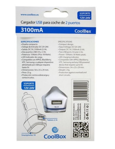 Cargador coche coolbox mechero 5v 2x usb 3.1a blanco COO-CDC215